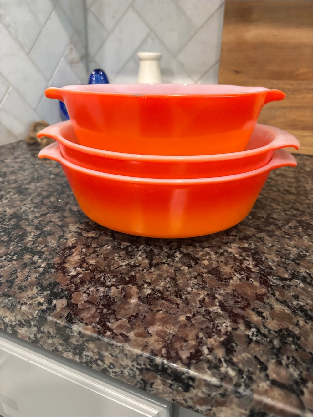 Fire King Flame-Orange Stacking Glass Bowls with Handles - Set of 3